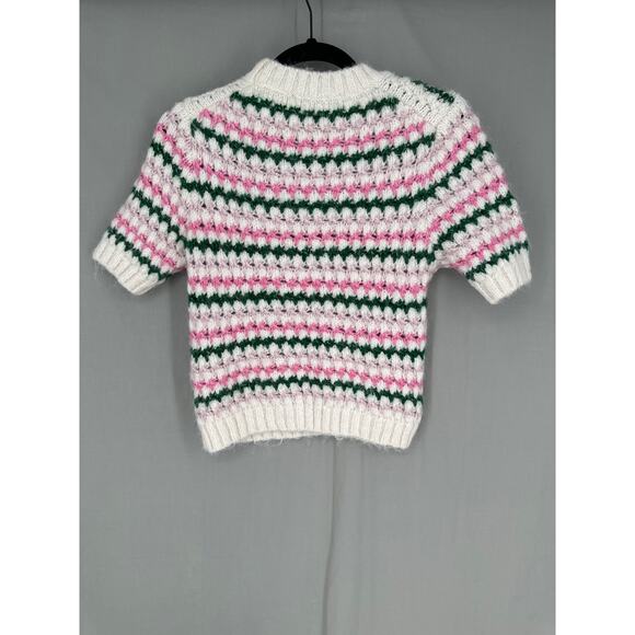 Zara Sweater Womens Small Pink Striped Green Open Knit Short Sleeve Soft Cozy - Picture 3 of 8